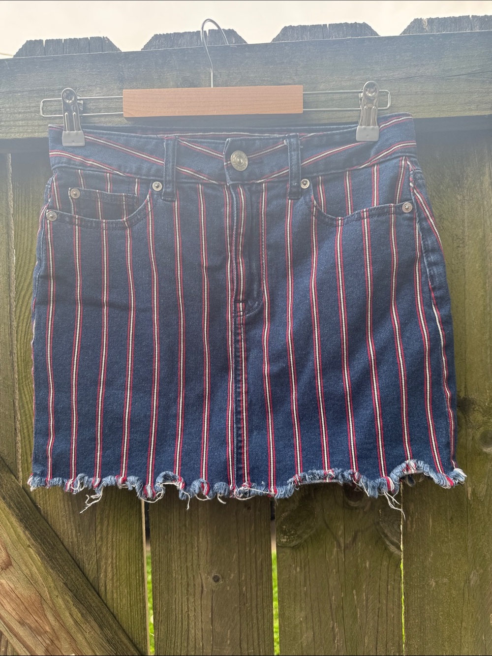 American Eagle Blue Denim Skirt With Red & White Stripes